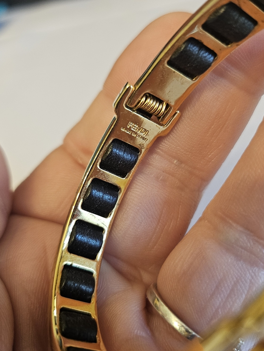 Fendi Gold Tone Black Leather FF Logo Hinged Bangle Bracelet w/ Box - Picture 2 of 6